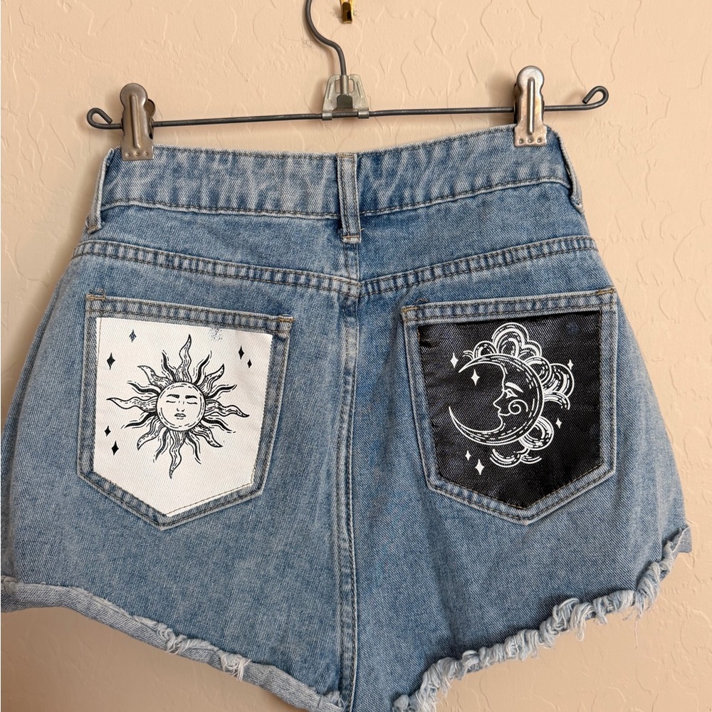 Denim Shorts with Sun and Moon Design
